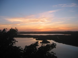 Sunset over the two lakes close to our villas....Flamingo Lake (foreground) and Turtle Lake in the background