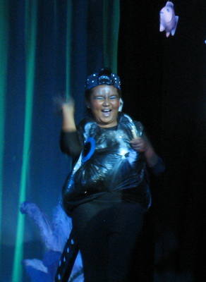 The spotted drum fish (Aphrah Groves) had a swimming good time as he drummed his way through the show