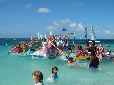 The start of the kid's raft race was noisy and colourful with teams jockeying for position